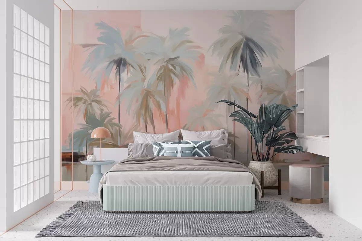 murales de pared Palmeras tropicales abstractas minimalistas en tonos pastel, sobre un fondo de suaves tonos rosa y melocotón w09212