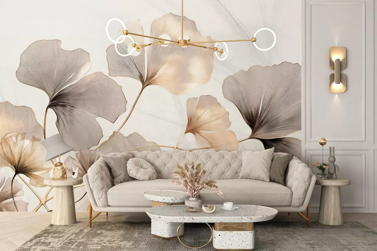 murales de pared Hojas de Ginkgo biloba en tonos beige, amarillo y marrón, delicado efecto de acuarela texturizada, fondo claro w09215
