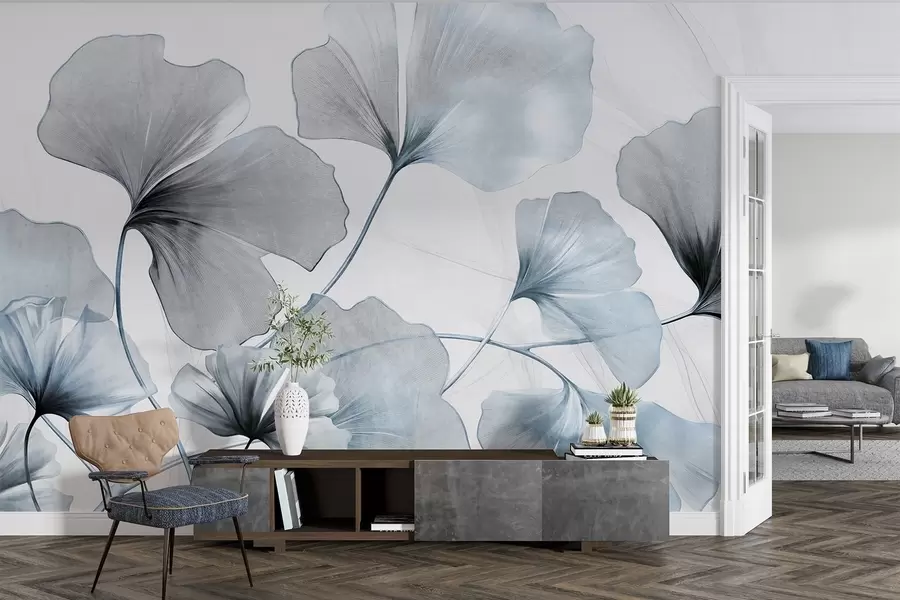 murales de pared Hojas de Ginkgo biloba en tonos azules y grises apagados, delicado efecto de acuarela texturizada, fondo claro w09215v1