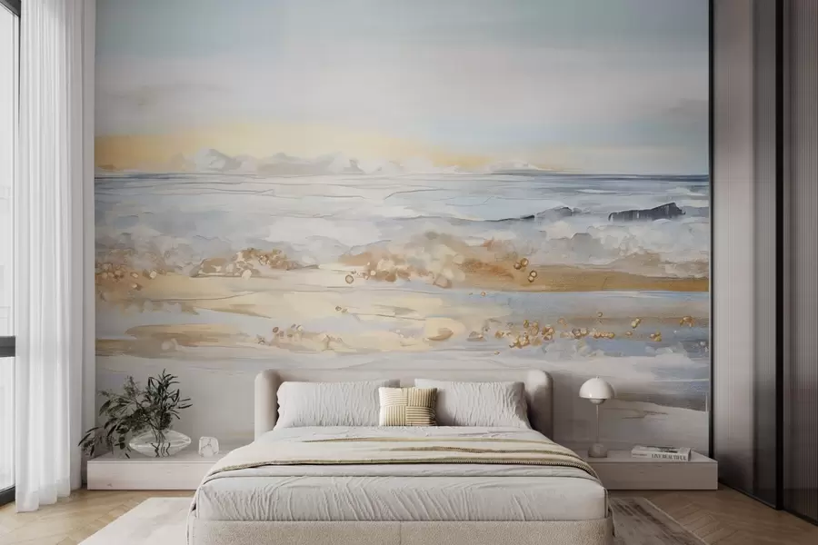 murales de pared Paisaje abstracto con textura de olas del mar rompiendo en una playa de arena, colores pastel suaves, cielo azul con nubes ligeras w09234