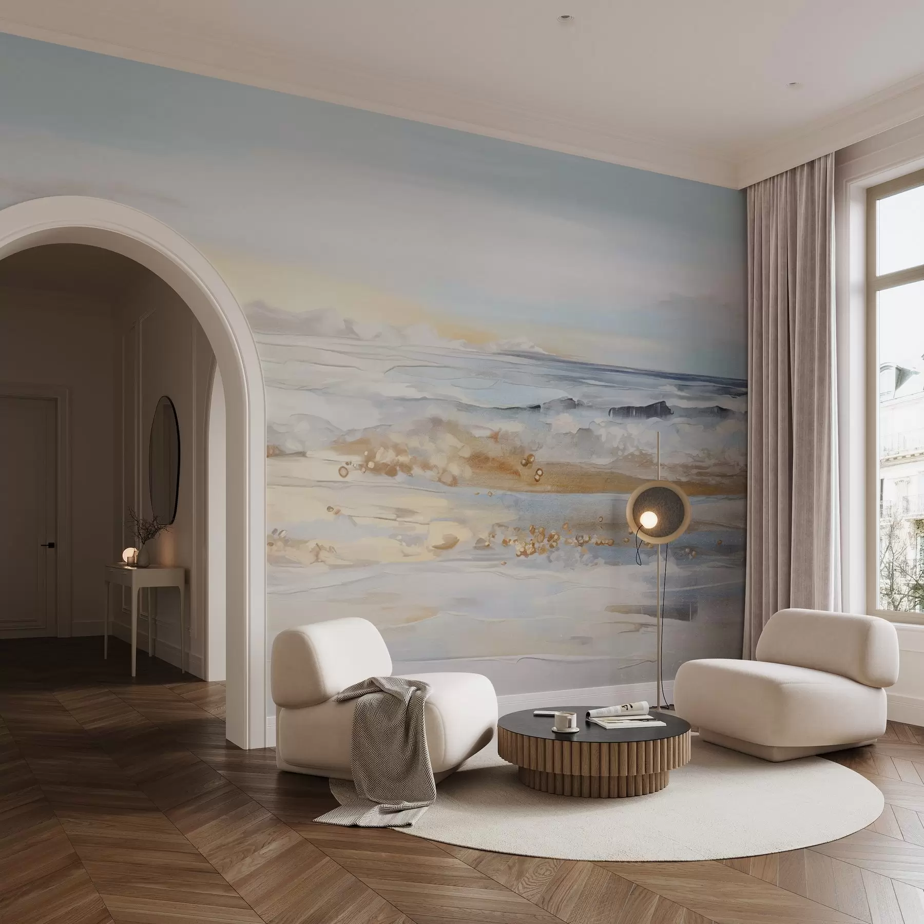 murales de pared Paisaje abstracto con textura de olas del mar rompiendo en una playa de arena, colores pastel suaves, cielo azul con nubes ligeras w09234