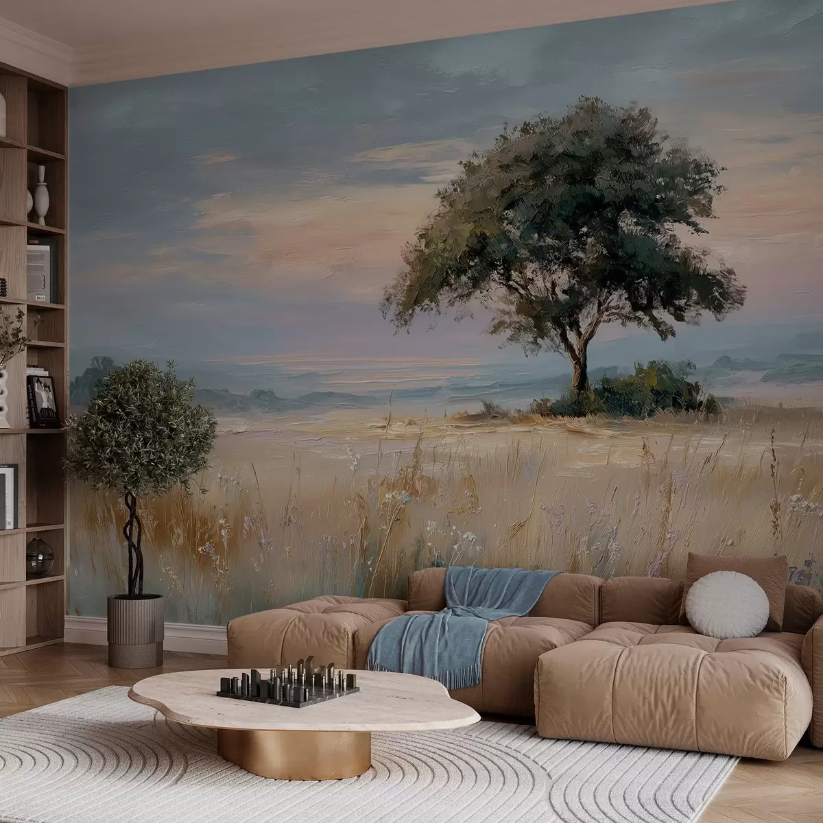 murales de pared árbol en medio de un campo en el estilo de la pintura al óleo w04206