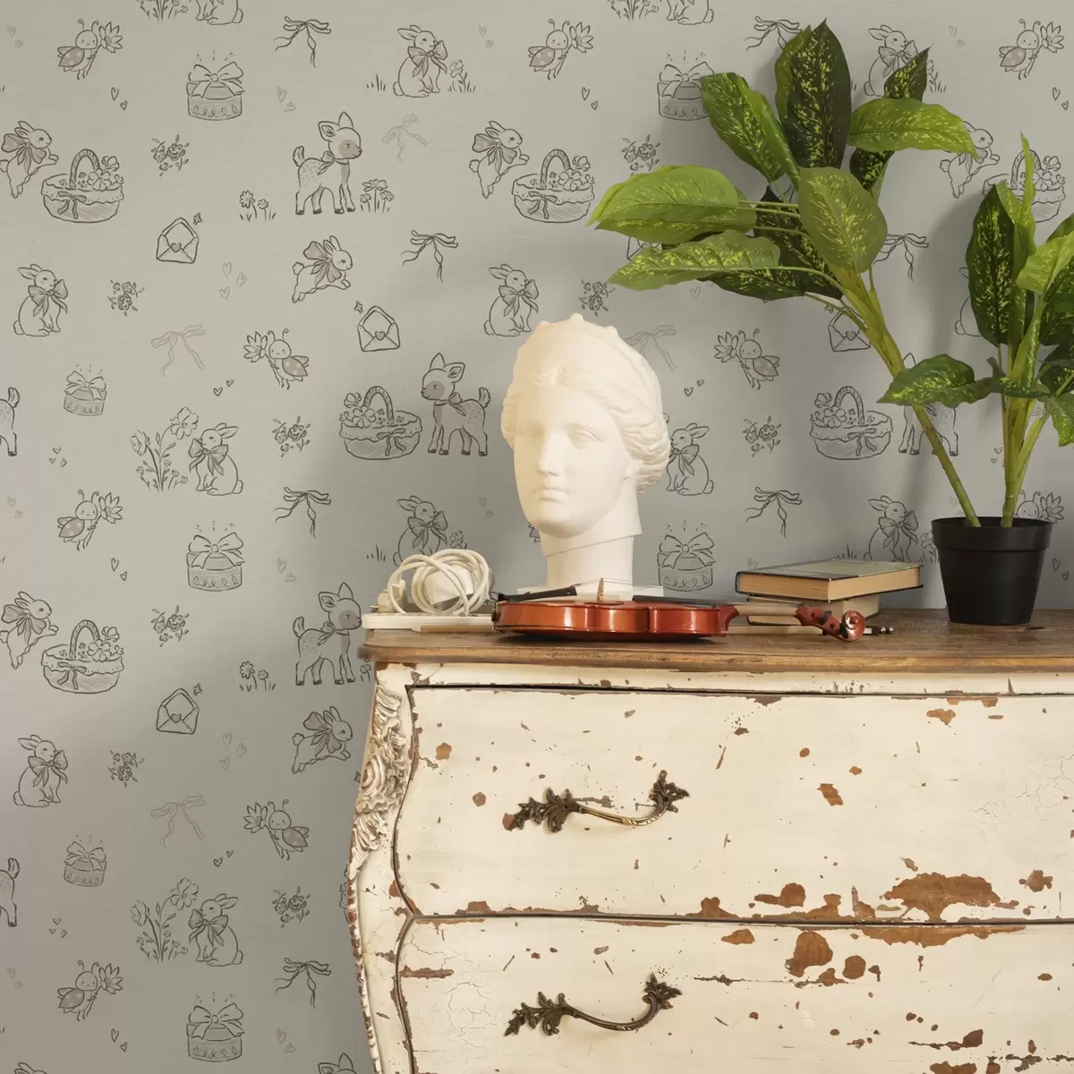 Papel pintado Bonita escena de bosque con ciervos, conejos y abejas a00215