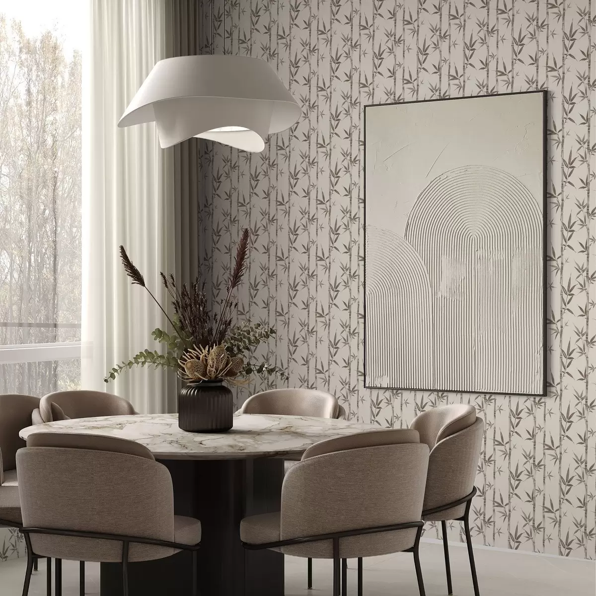 Papel pintado Estampado de bambú beige con hojas de estilo japonés a00236