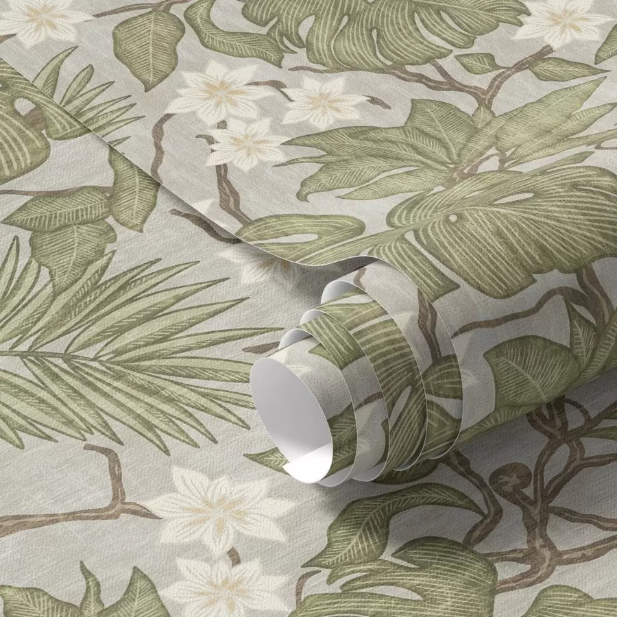 murales de pared Hojas y flores de monstera tropical sobre fondo gris a00249