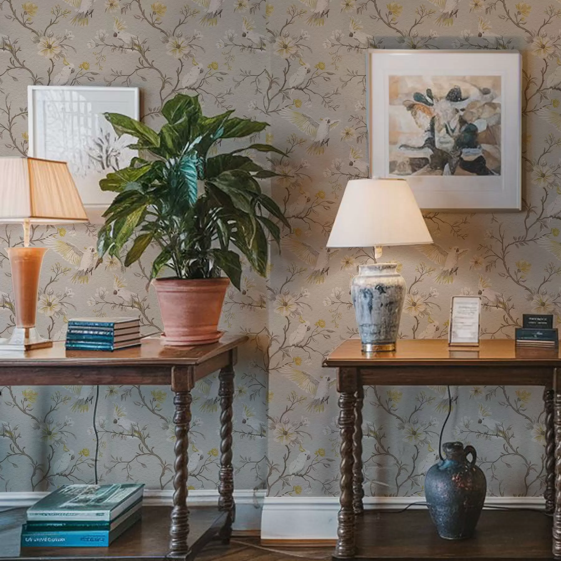 murales de pared Loros y flores amarillas sobre fondo claro a00270