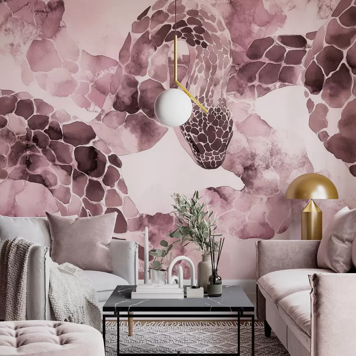 murales de pared Silueta de serpiente, estilo acuarela, colores burdeos w04113v1