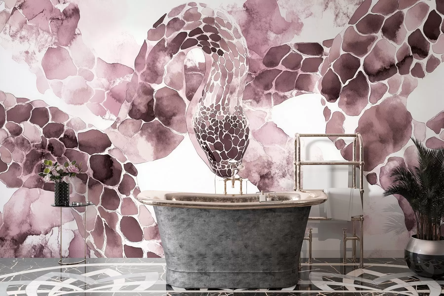 murales de pared Silueta de serpiente, estilo acuarela, colores burdeos w04113v1