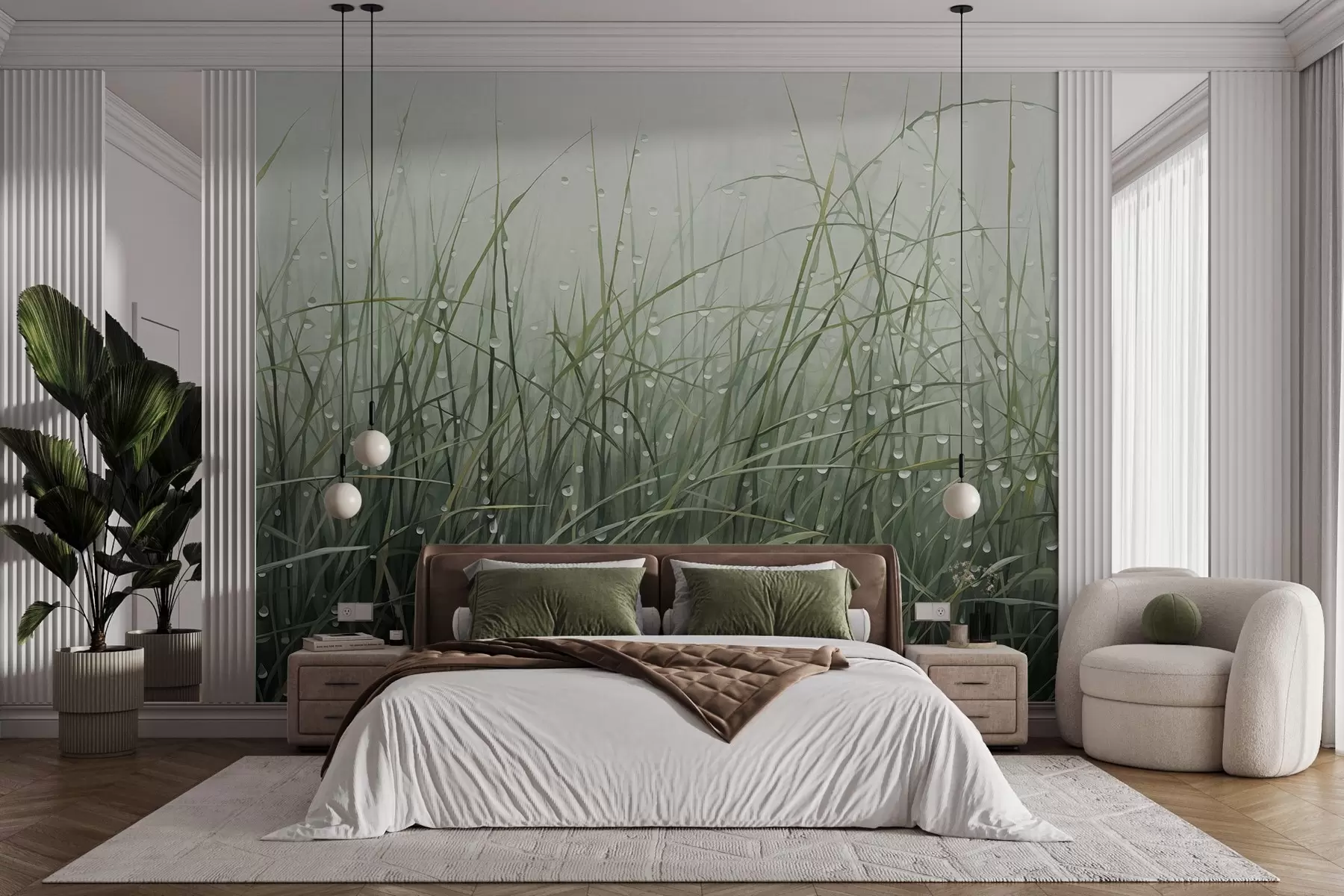 murales de pared Hierba con gotas de agua, tonos verdes apagados, luz suave, fondo brumoso, estilo abstracto minimalista texturizado w09217