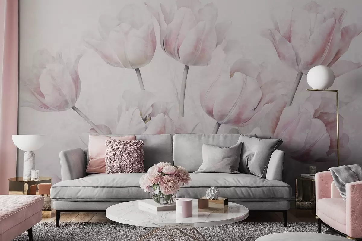 murales de pared Tulipanes de textura rosa con hojas verdes, luz suave, estilo acuarela vintage, pinceladas delicadas w09220
