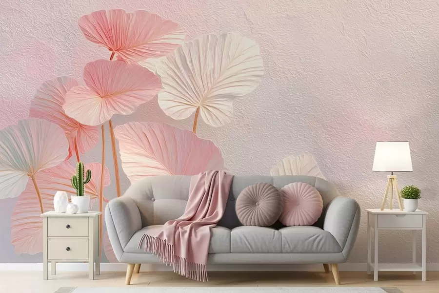 murales de pared Elegantes hojas tropicales grandes en suaves tonos rosas y azules w09252