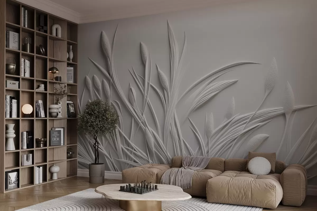 murales de pared Bajorrelieve con delicadas hojas y pámpanos w04247
