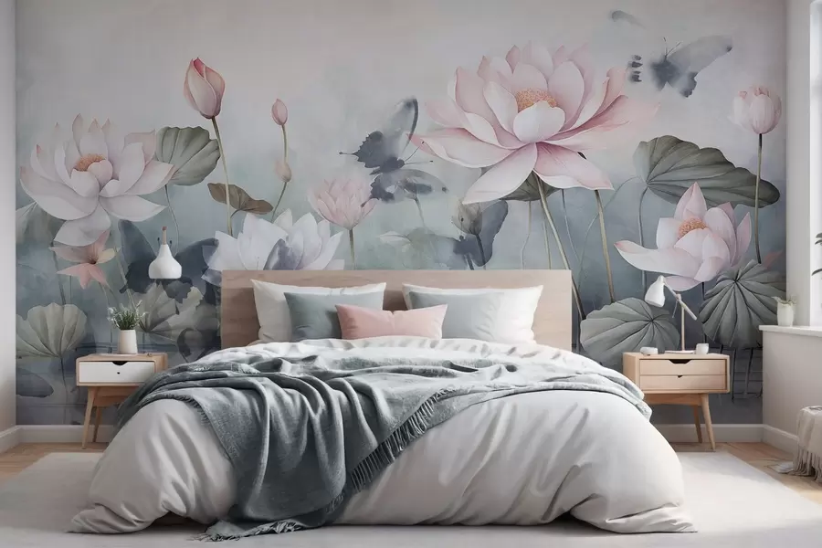 murales de pared Flores de loto texturizadas con pétalos rosa pastel, hojas verdes, reflejo de agua, colores pastel suaves , efecto acuarela w09254