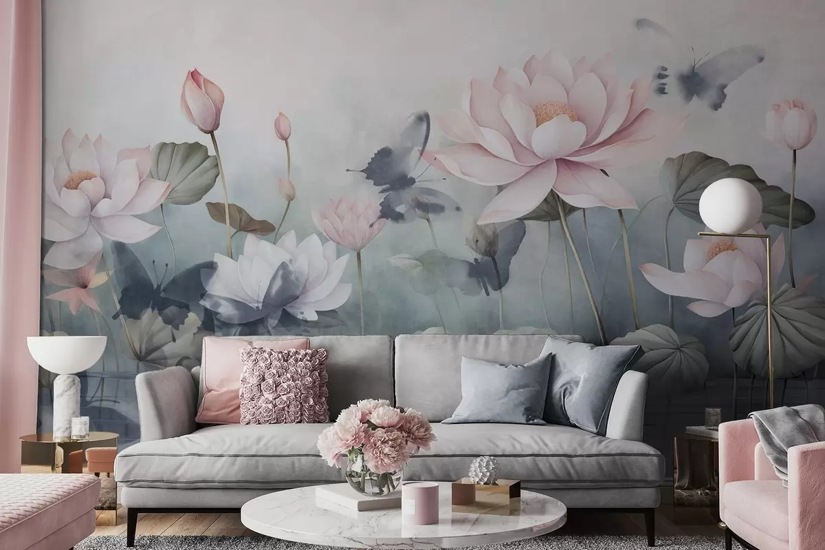 murales de pared Flores de loto texturizadas con pétalos rosa pastel, hojas verdes, reflejo de agua, colores pastel suaves , efecto acuarela w09254