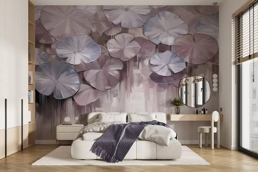 murales de pared Nenúfares texturizados con colores violeta y azul en un estanque, el fondo es una mezcla borrosa de suaves tonos morados w09255v1