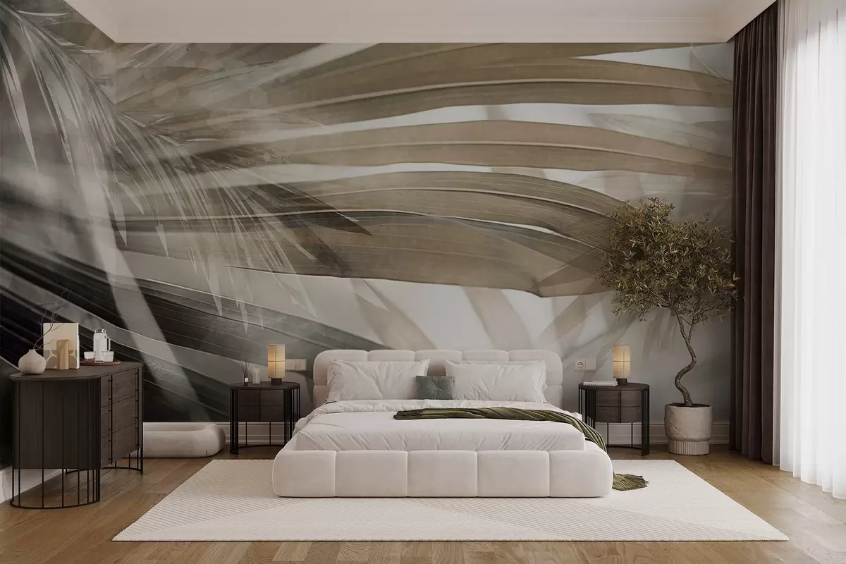 murales de pared Hojas de palmera con un tono marrón claro, superpuestas y creando un efecto de capas, sobre un fondo suave y neutro w09256