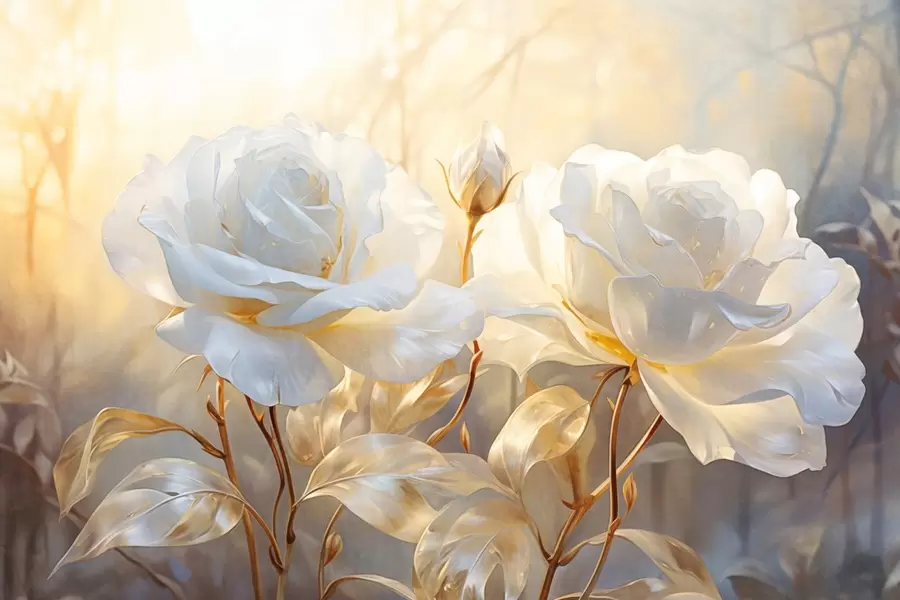 murales de pared Rosas blancas texturizadas con tallos y hojas amarillas, iluminación suave, fondo claro con formas florales difuminadas w09258