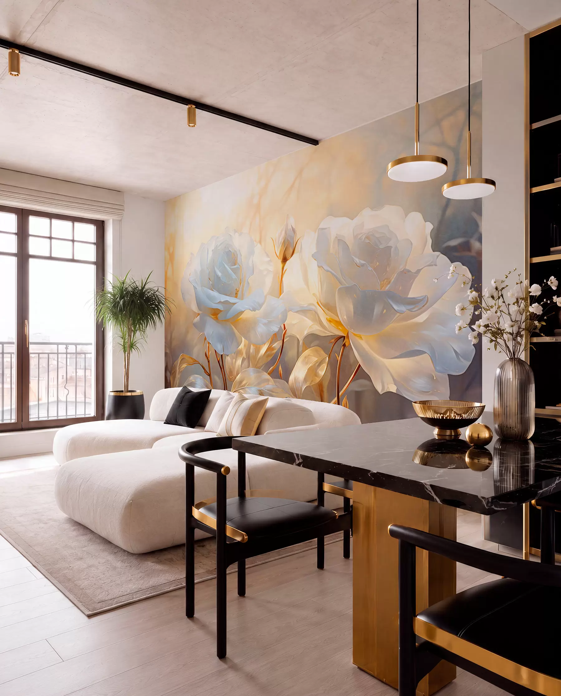 murales de pared Rosas blancas texturizadas con tallos y hojas amarillas, iluminación suave, fondo claro con formas florales difuminadas w09258