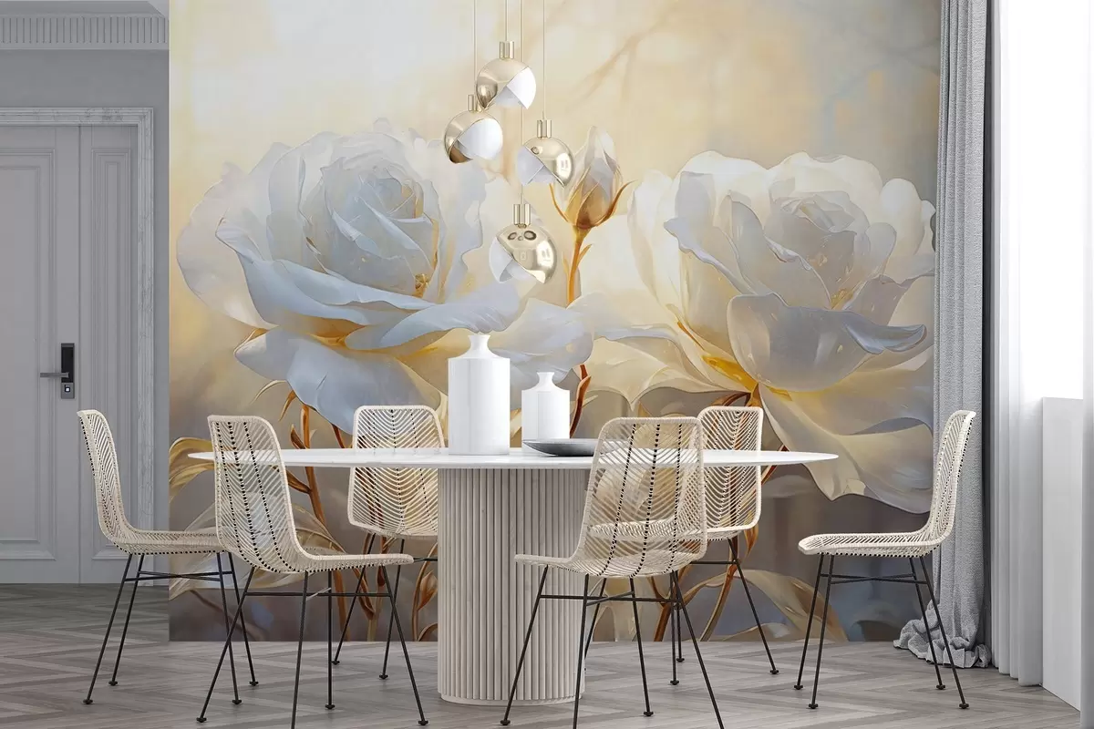 murales de pared Rosas blancas texturizadas con tallos y hojas amarillas, iluminación suave, fondo claro con formas florales difuminadas w09258