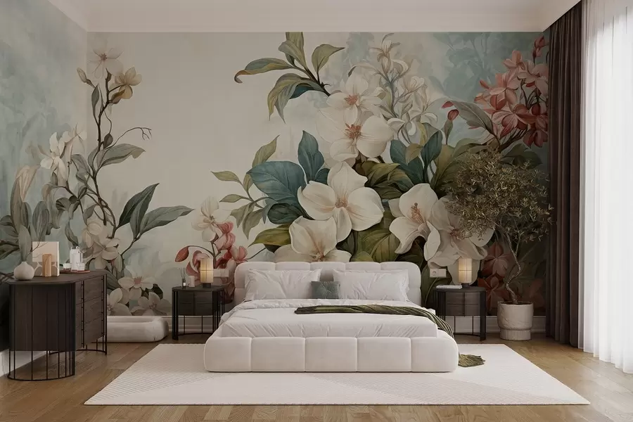 murales de pared Flores y hojas tropicales texturizadas con suaves tonos azules y verdes, delicadas pinceladas, estilo botánico vintage w09259