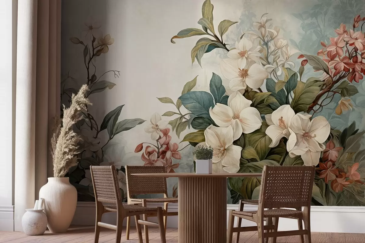 murales de pared Flores y hojas tropicales texturizadas con suaves tonos azules y verdes, delicadas pinceladas, estilo botánico vintage w09259