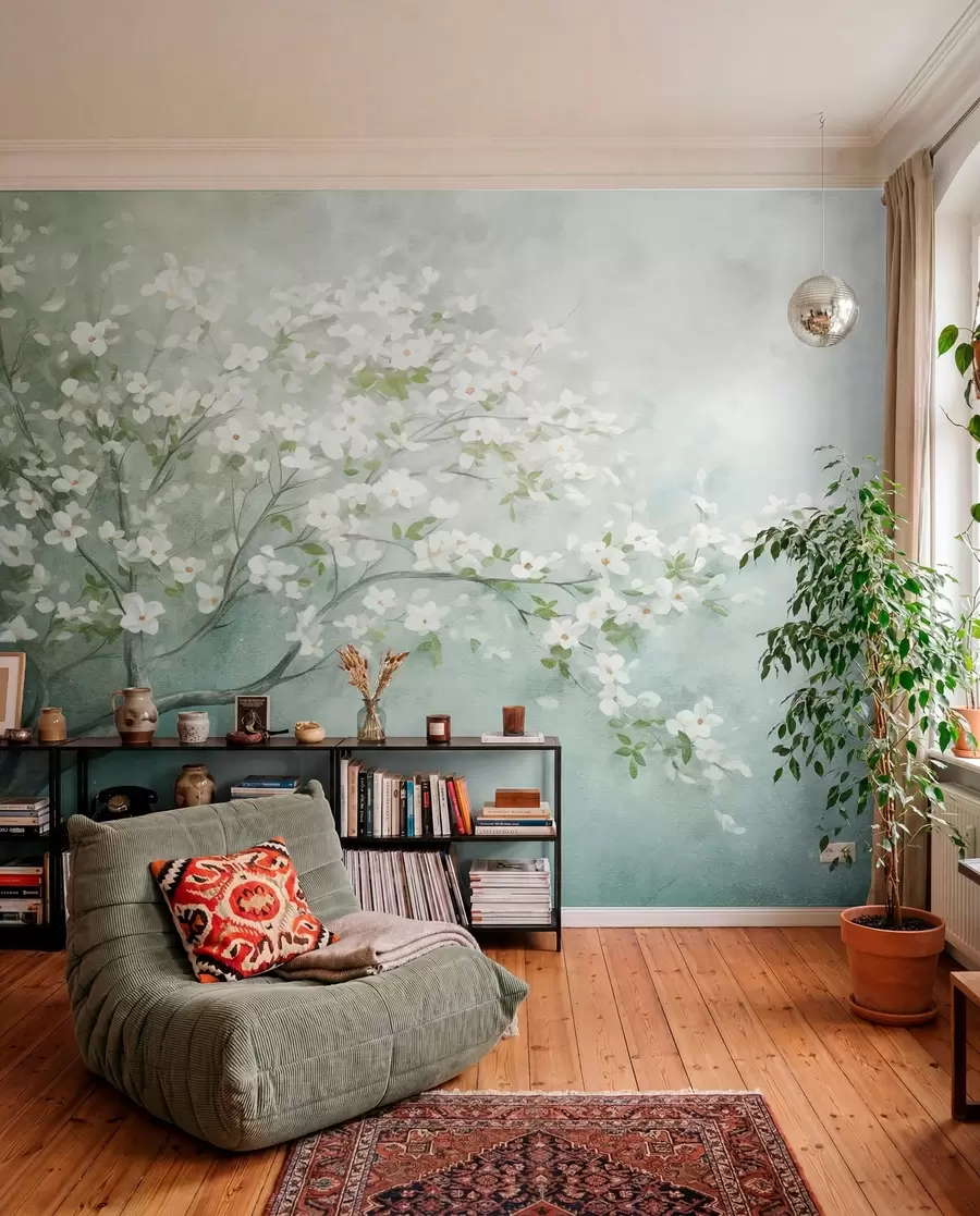 murales de pared Un árbol en flor con flores blancas en plena floración, sobre un fondo granulado de textura ruidosa de azules y verdes apagados w09261