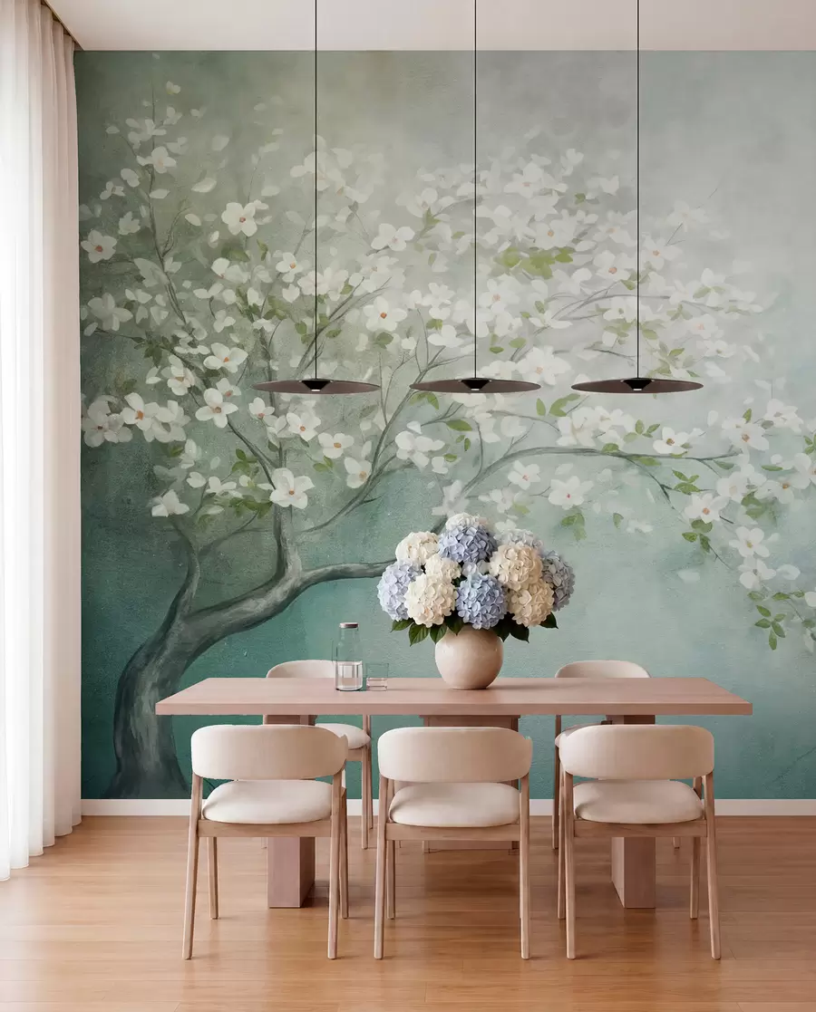 murales de pared Un árbol en flor con flores blancas en plena floración, sobre un fondo granulado de textura ruidosa de azules y verdes apagados w09261