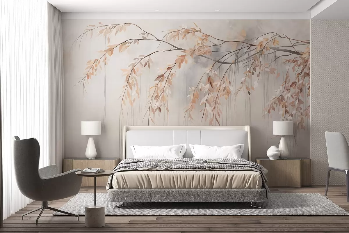 murales de pared Una rama con hojas de color naranja claro colgando, fondo gris claro con textura borrosa, estilo suave y delicado w09265