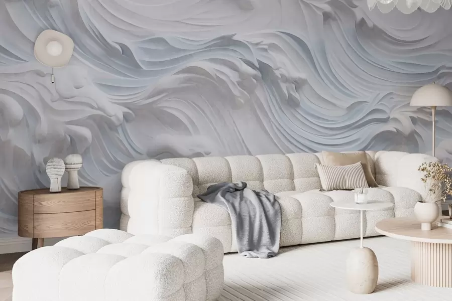 murales de pared Olas oceánicas abstractas de color blanco y azul claro con textura y espuma, que fluyen de izquierda a derecha, impresión dinámica y con textura w09266