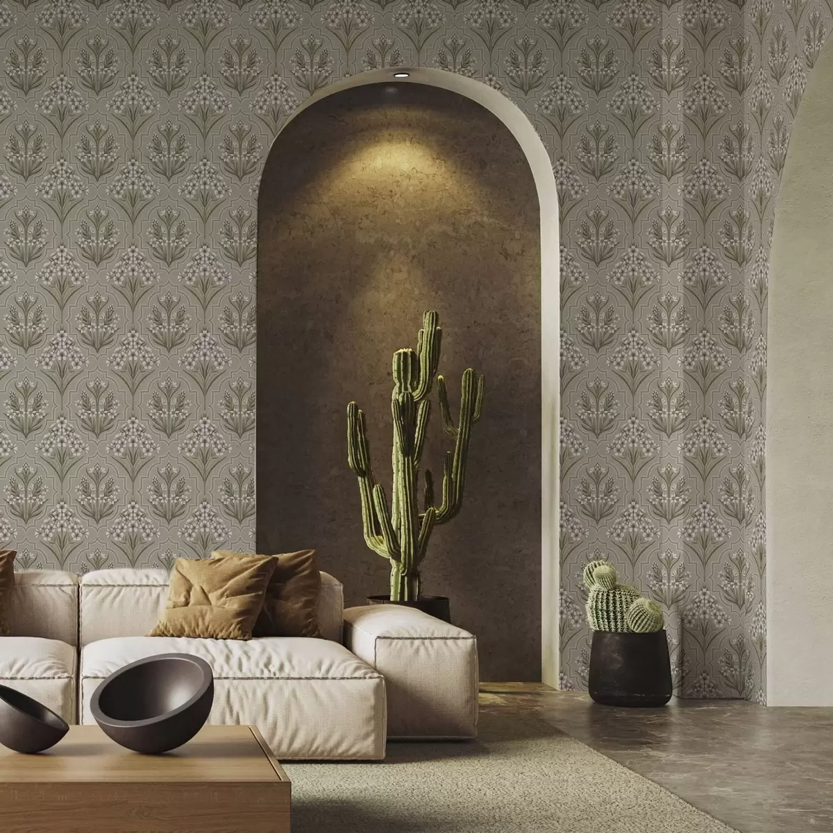 Papel pintado Motivo simétrico de flores blancas sobre fondo gris a00302