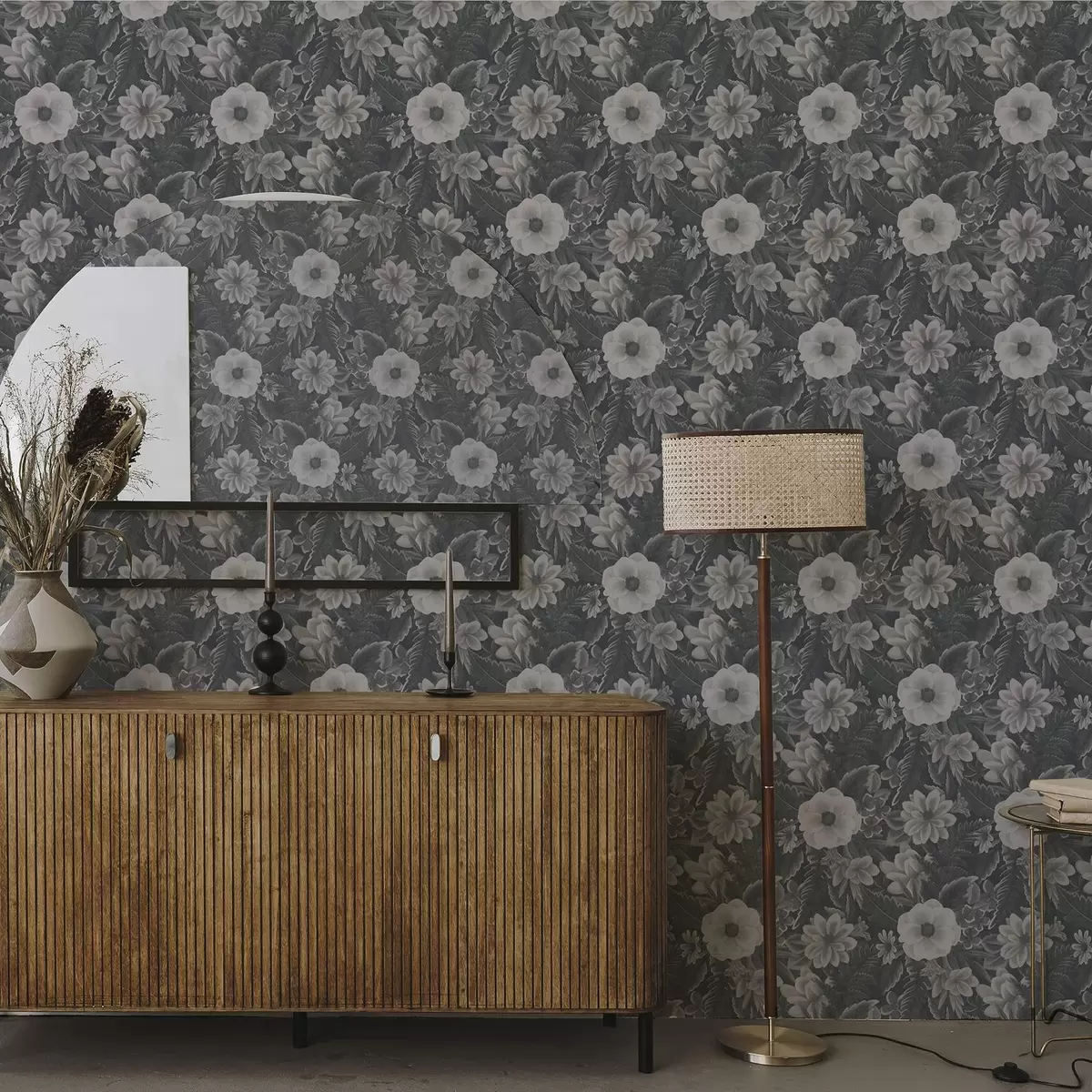 Papel pintado Estampado floral gris y blanco con efecto retro a00307