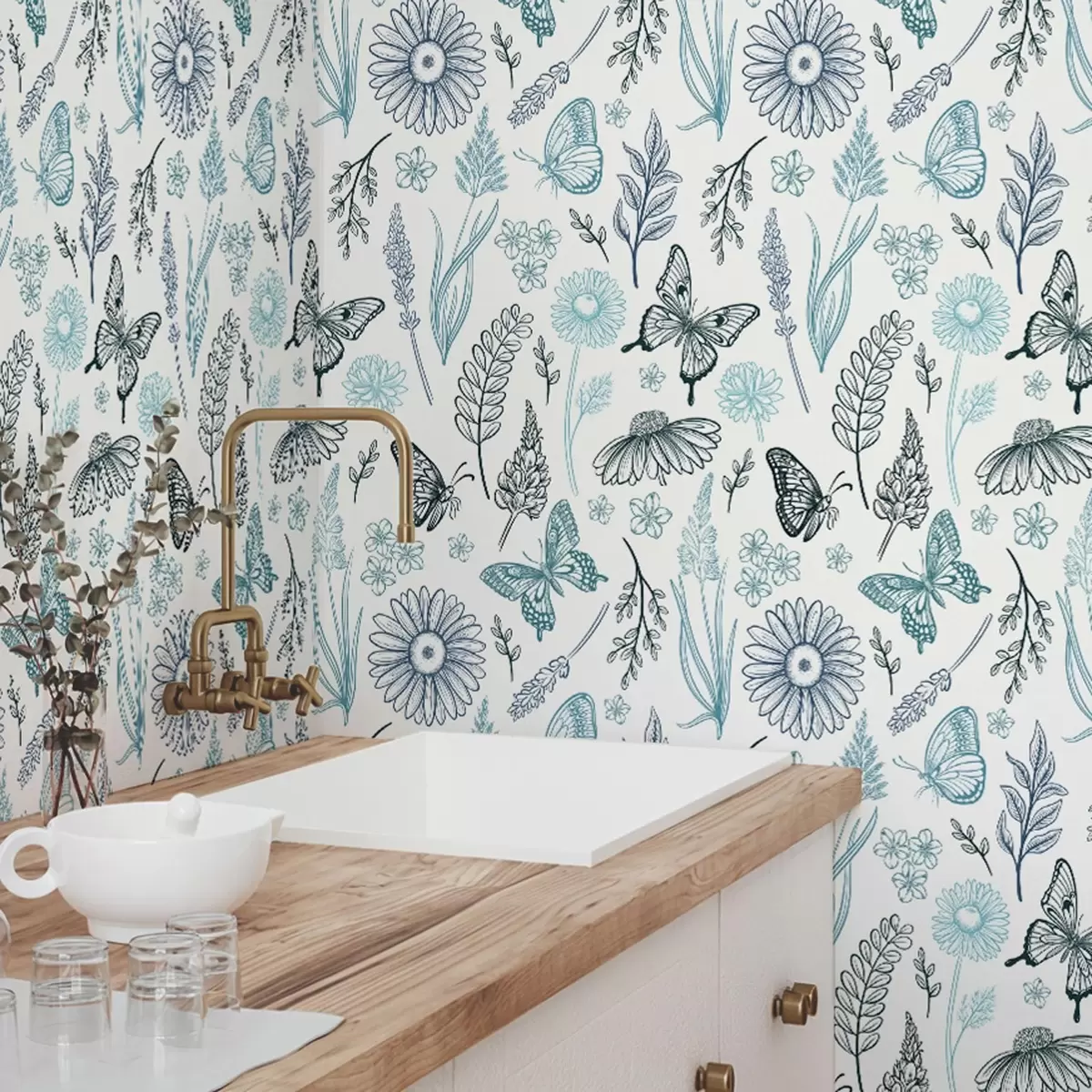 Papel pintado Contorno de mariposas y flores en tonos azules y celestes a00311