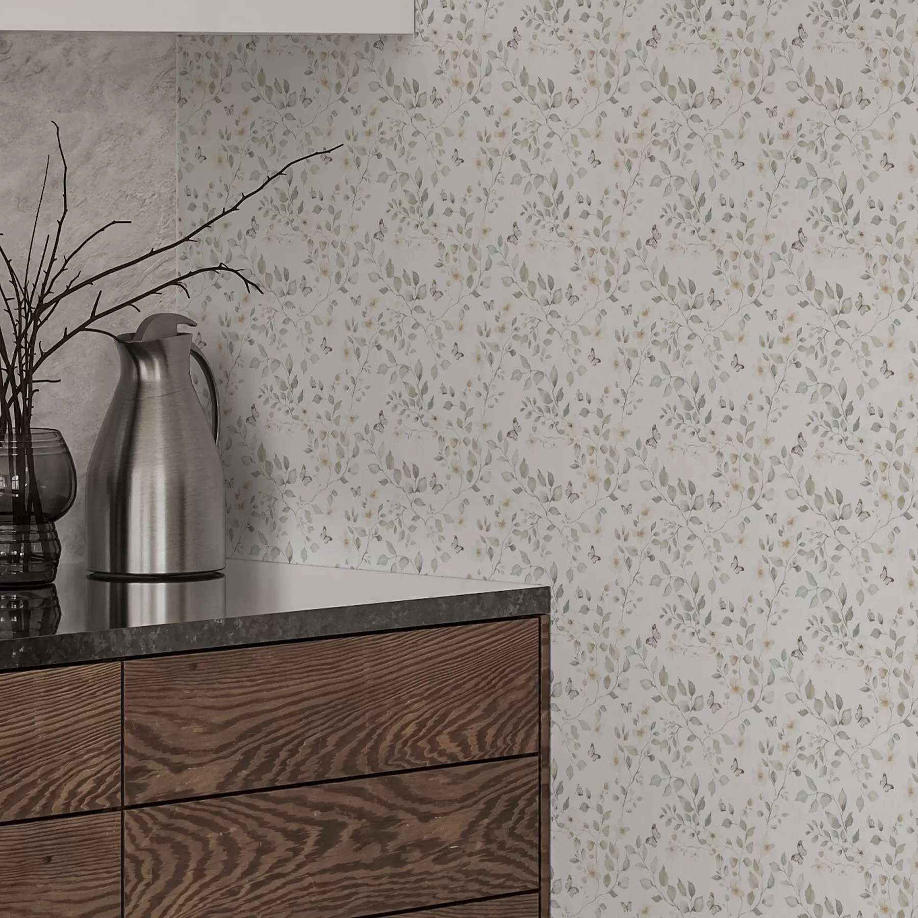 murales de pared Ramas ligeras con hojas y flores en pequeña repetición a00343