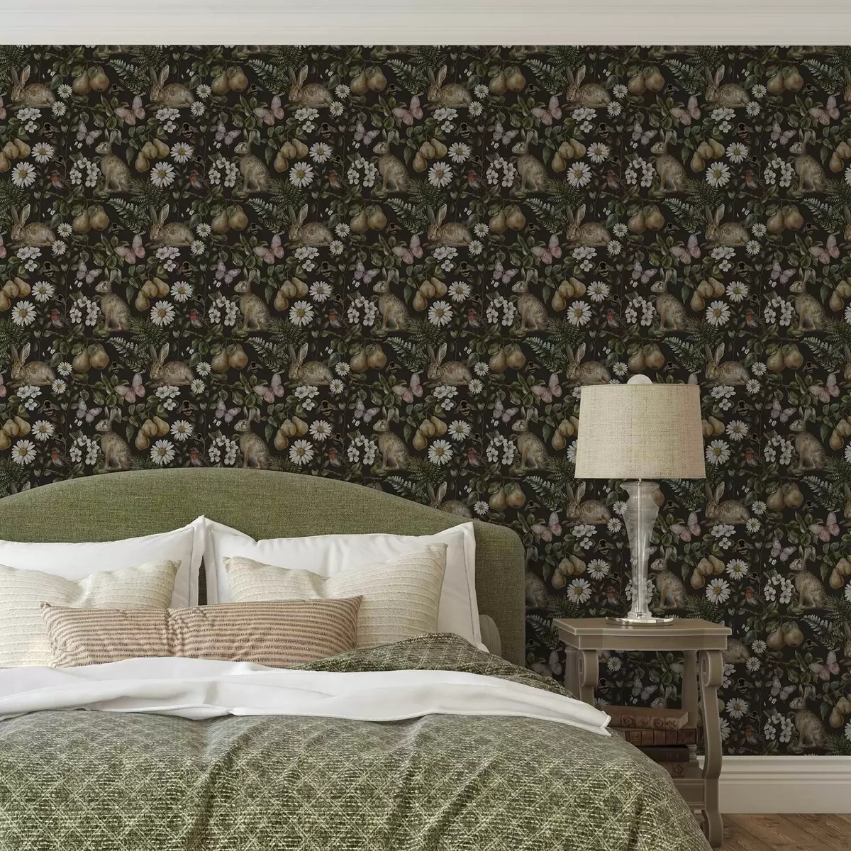 Papel pintado Conejos, peras, flores e insectos realistas sobre fondo oscuro a00401