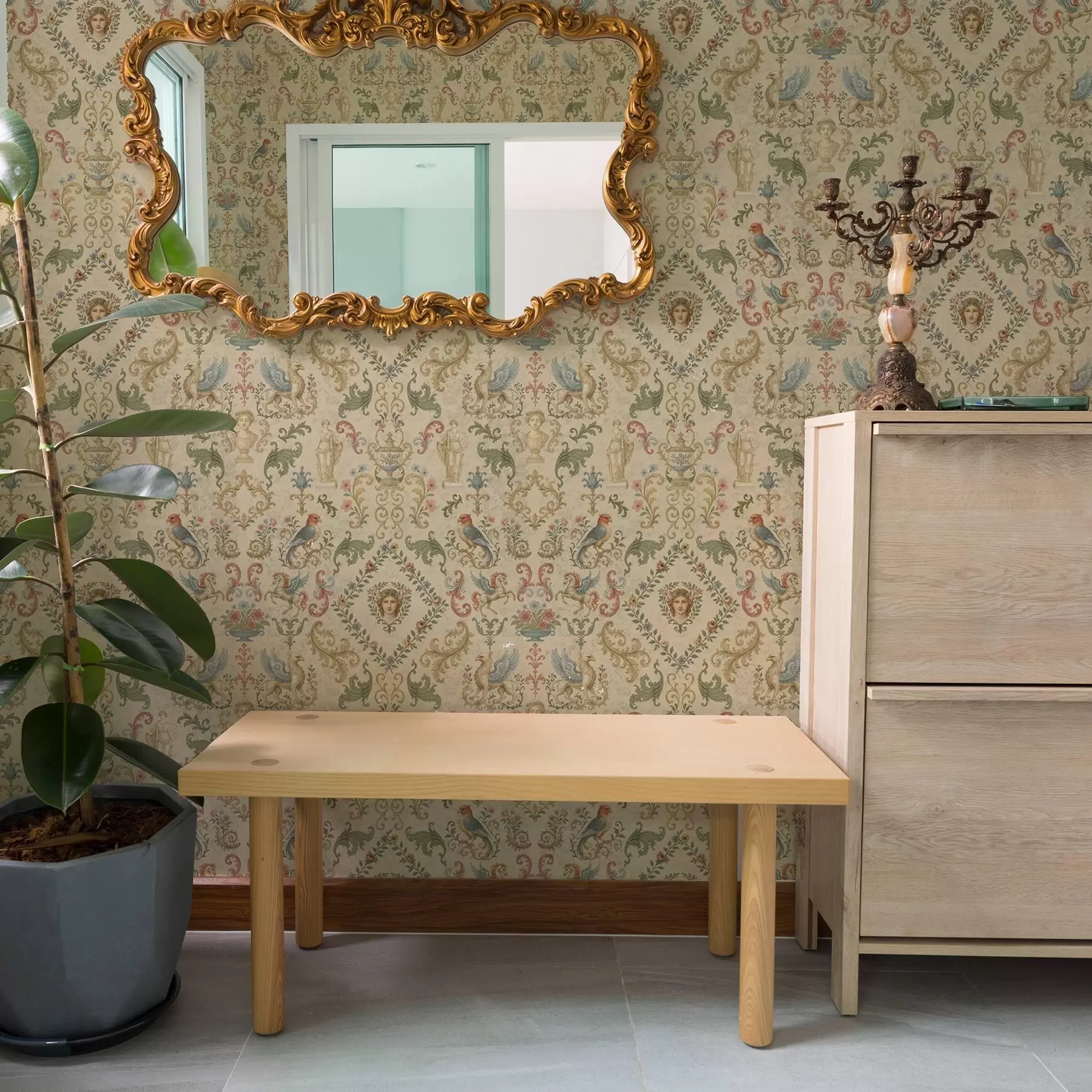 murales de pared Adorno vintage con grifos, flores y figuras a00402
