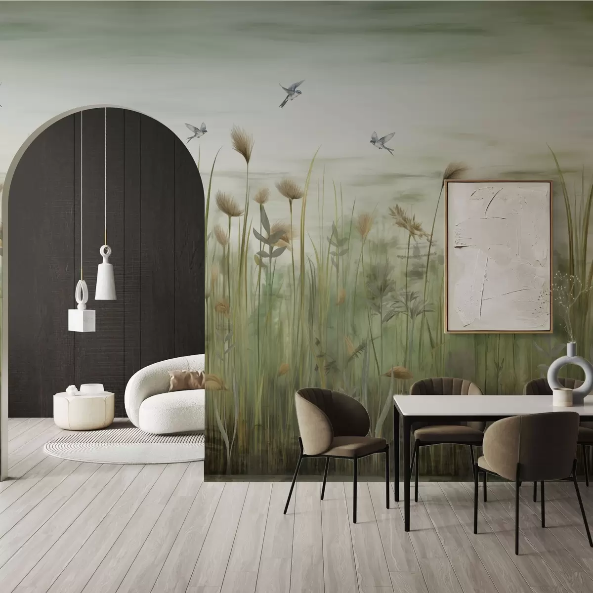 murales de pared Paisaje de hierba con golondrinas en un cielo suave w04258v1
