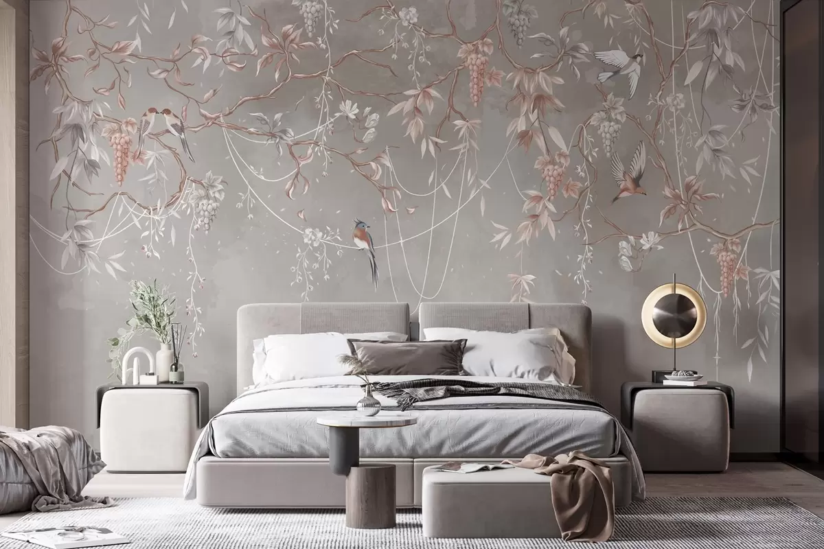 murales de pared Ramas con uvas y pájaros sobre fondo gris rosado cálido w04302