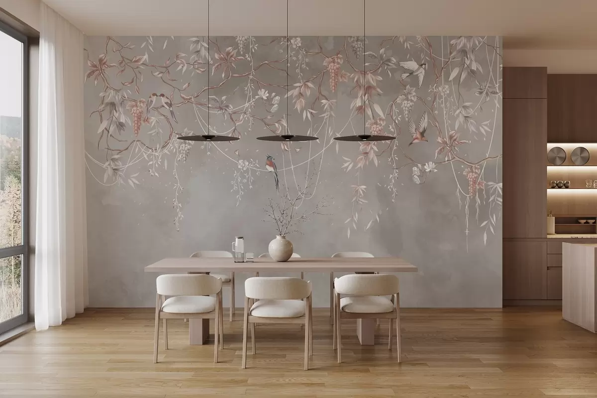 murales de pared Ramas con uvas y pájaros sobre fondo gris rosado cálido w04302