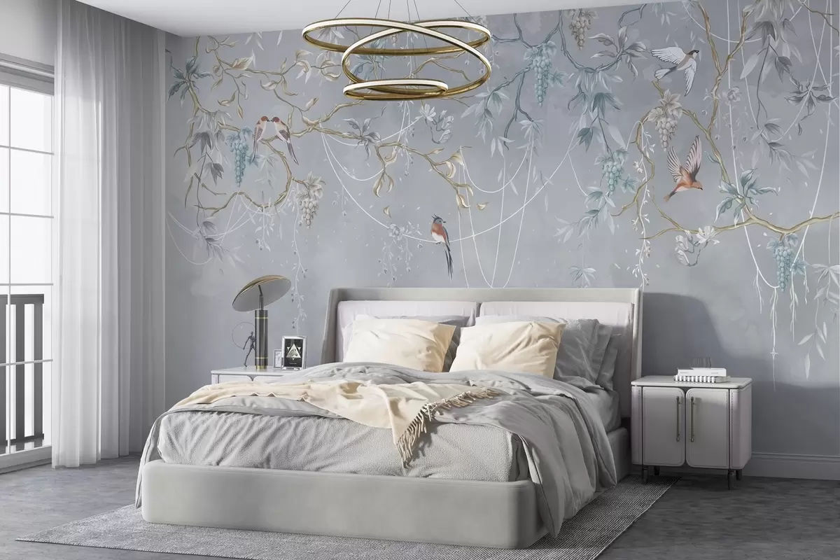 murales de pared Variante fría con fondo azul y ramas finas w04302v3