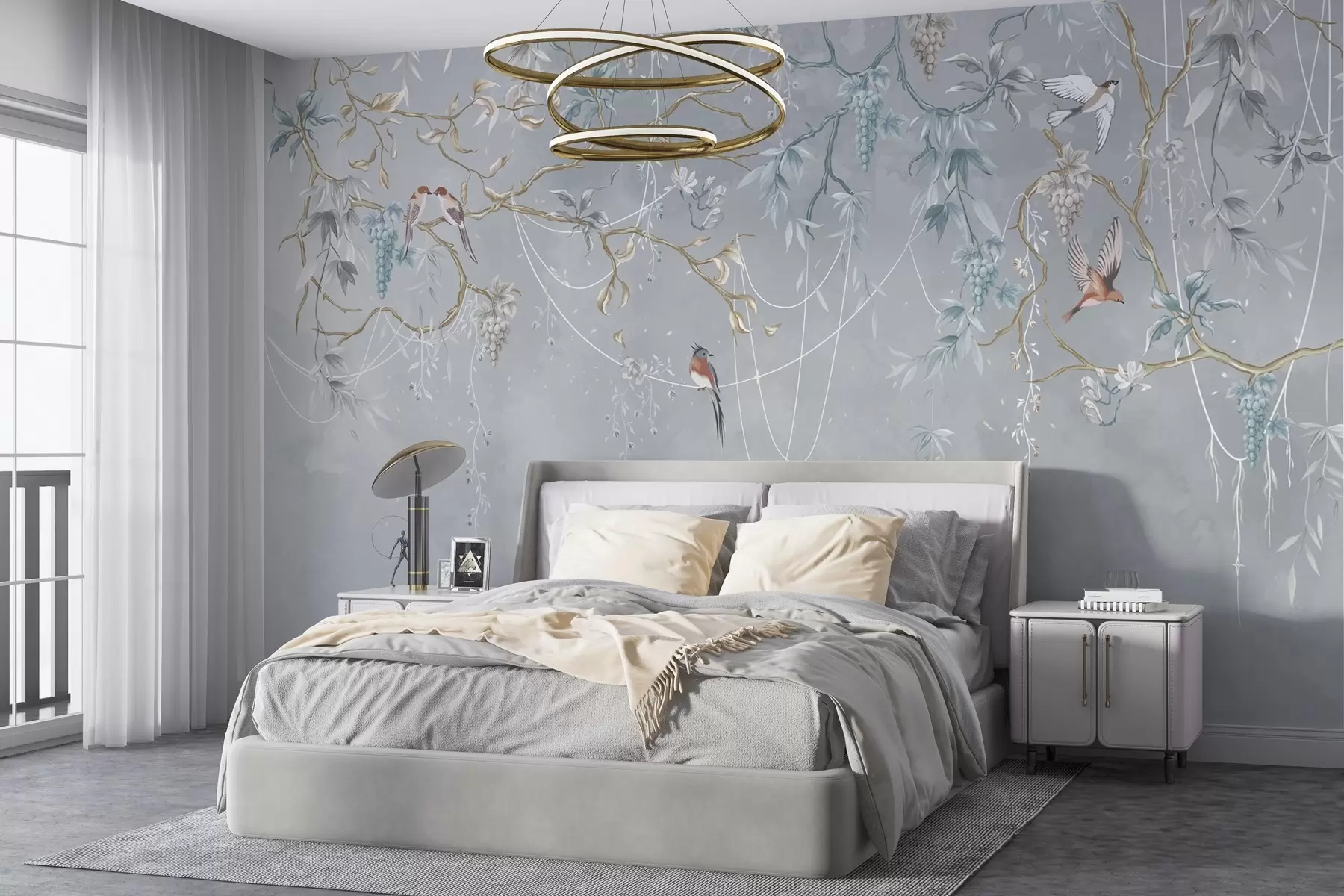 murales de pared Variante fría con fondo azul y ramas finas w04302v3
