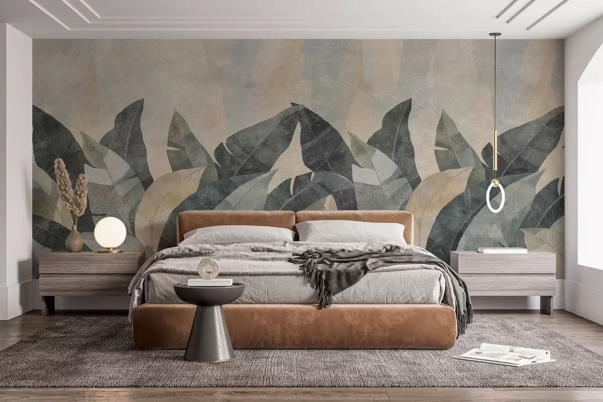 murales de pared hojas de plátano texturizadas en tonos naturales de beige, verde y gris w04285