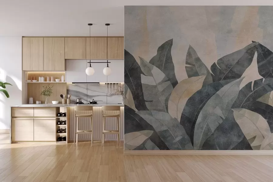 murales de pared hojas de plátano texturizadas en tonos naturales de beige, verde y gris w04285