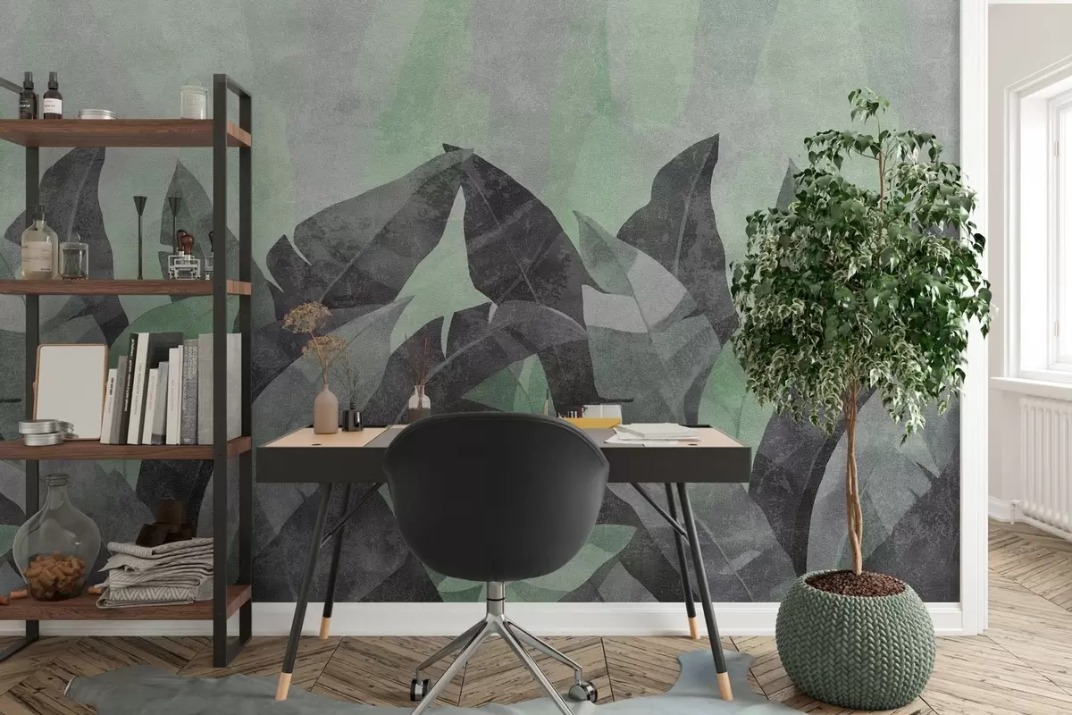 murales de pared hojas de plátano texturizadas en tonos verdes y grises w04285v1