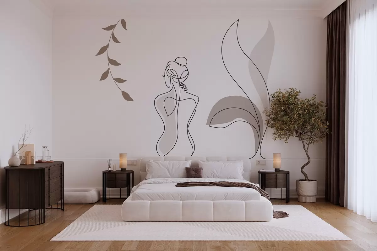 murales de pared silueta lineal de una mujer y hojas w04303