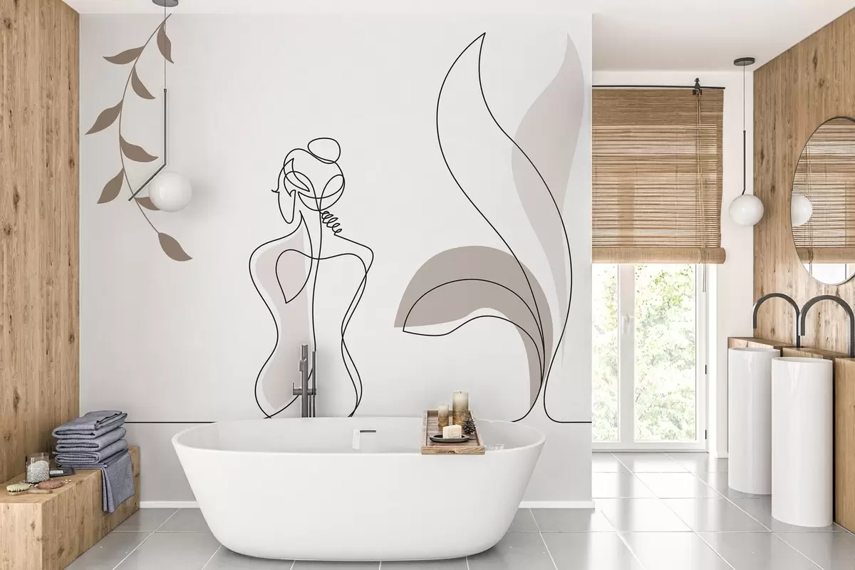 murales de pared silueta lineal de una mujer y hojas w04303