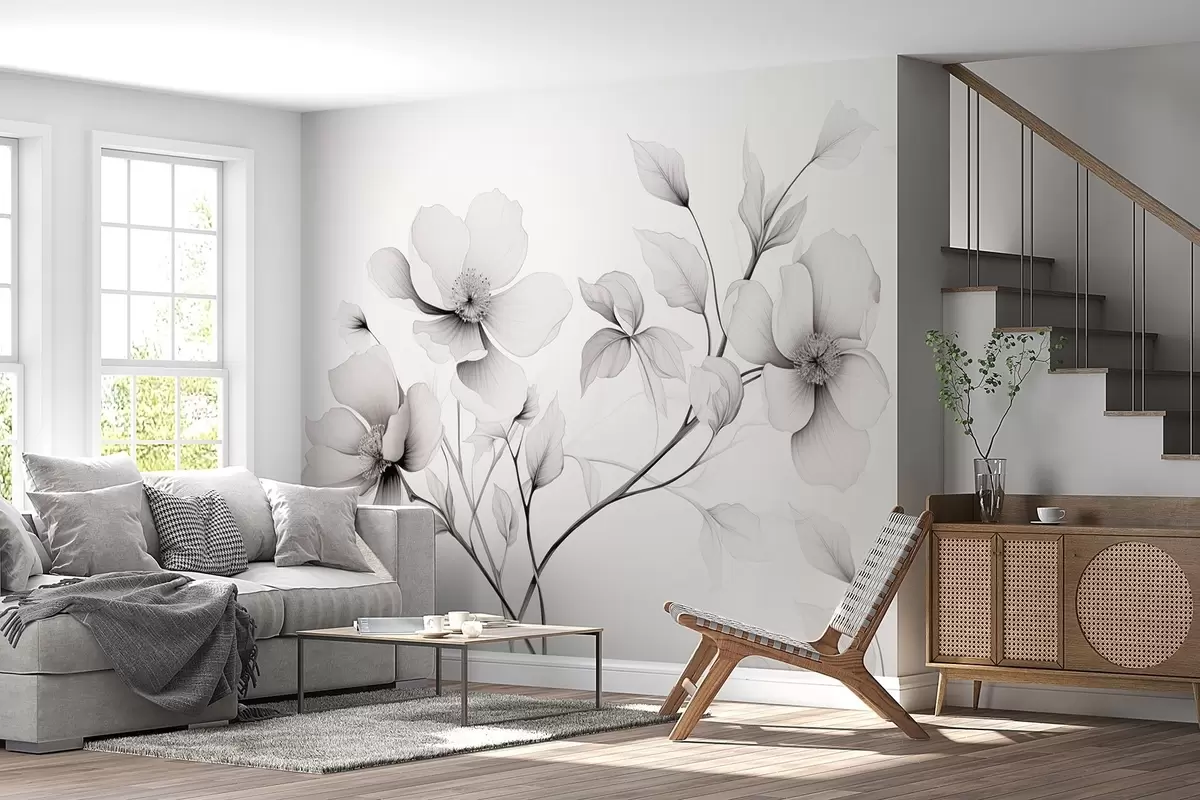 murales de pared Flores blancas y negras de líneas elegantes sobre fondo gris w09271