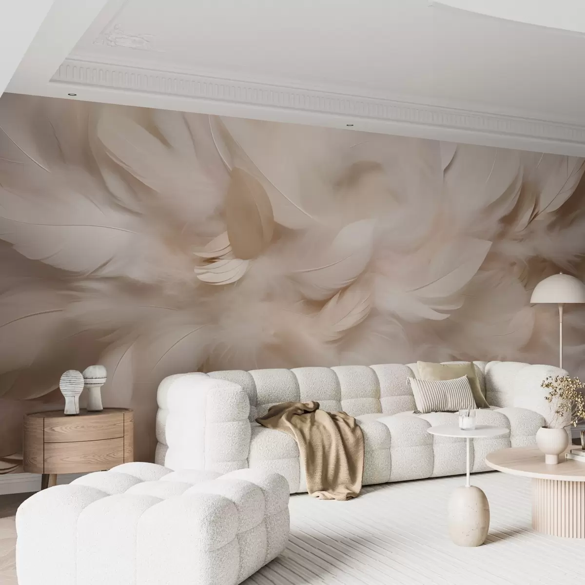 murales de pared Plumas esponjosas y plumón en tonos crema w09274