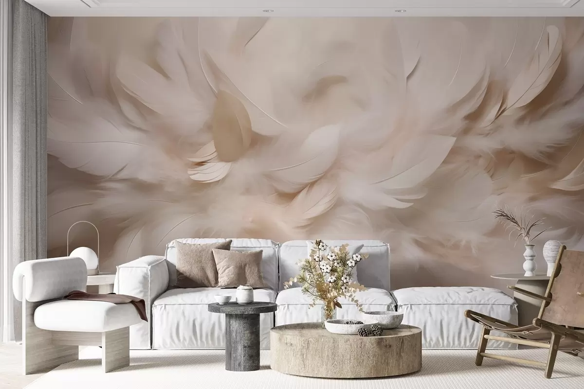 murales de pared Plumas esponjosas y plumón en tonos crema w09274