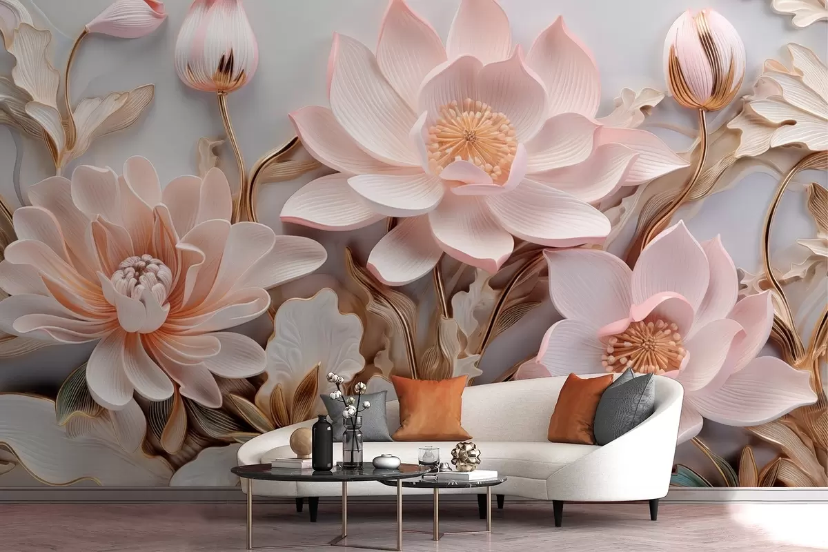murales de pared Flores voluminosas de color rosa con hojas amarillas w09277