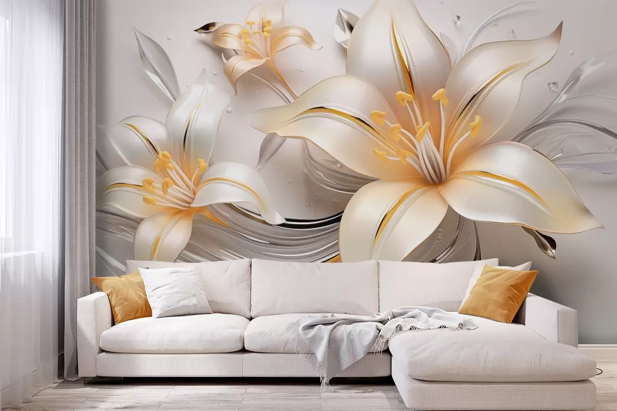 murales de pared Lirios amarillos con efecto 3D sobre fondo claro w09278
